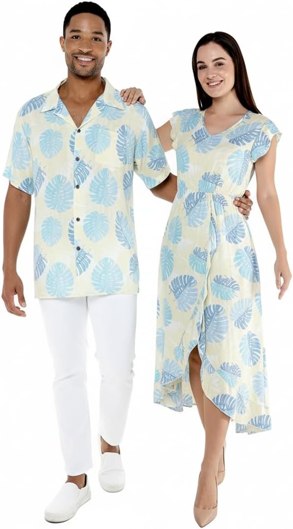 Matchable Couple Hawaiian Luau Shirt or Wrap Ruffle Dress in Pacific Palm Cream