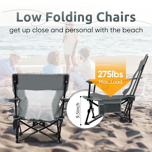 Image of HaSteeL Folding Beach Chair Set of 2, Foldable Grey Camping Chairs for Outside, Low Beach Chair Portable for Adults Fishing, Picnic, Outdoor BBQ, Travel, Sports, Cup Holder & Storage Bag