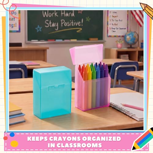 Image of Clabby 4 Pcs Clear Plastic Crayon Boxes Hold 24 Count, Teal,Pink | Organizer Box, Case, Colorful, Portable Storage Holder with Snap Lid, for Kids Boys Girls School Classroom Home Art Supply