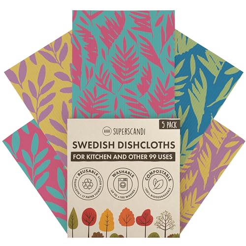 SUPERSCANDI 5 Pack Swedish Dishcloths for Kitchen - 100% Biodegradable
