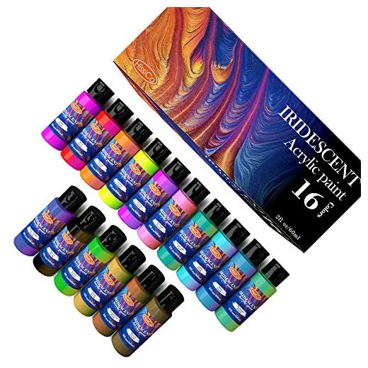 Iridescent Acrylic Paint, Set of 16 Chameleon Colors 60ml 2 OZ Bottles, High Viscosity Shimmer Paint, Non-Toxic and Fade-Resistant for Artists, Beginners and Kids on Rocks, Crafts, Canvas, Wood, Fabric, Ceramic
