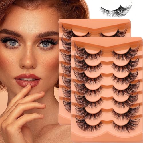 KEYRI 14 paires Cils Vaporeux Aspect Faux Cils Évasés Doux et Moelleux Volume Russe Oeil de Chat Reutilisable Fake Lashes Moelleux Curly Cat-Eye Artificiels Look Naturel (Noir)