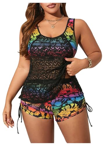 Women's Plus Size Tankini Swimsuits 2 Piece Floral Tropical Swimwear Hollow Out Bathing Suits Lace Beach Swimsuit