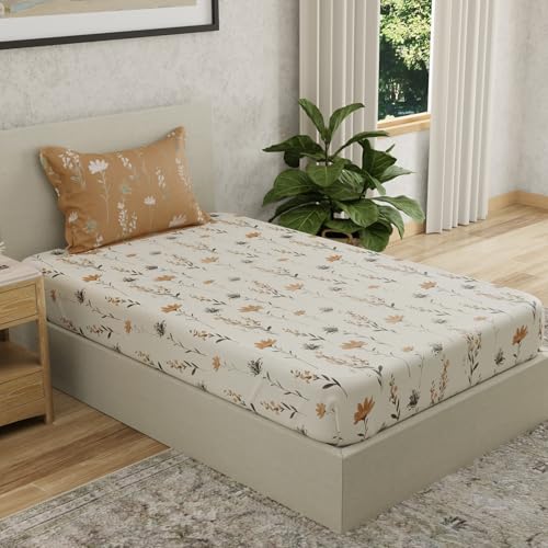 Image of HUESLAND by Ahmedabad Cotton 144 TC Bedsheet for Single Bed with 1 Pillow Cover | White, Tangerine Orange & Grey