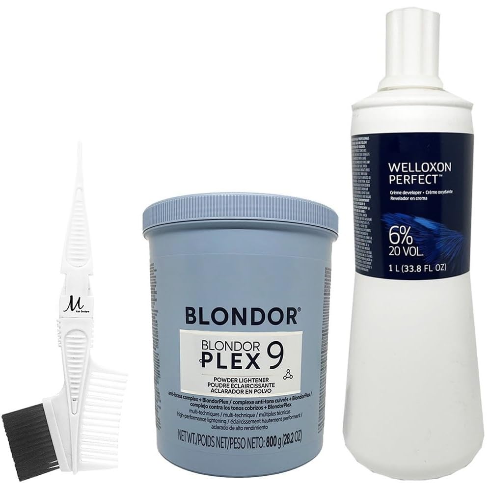 Blondorplex 9 Multi Blonde Dust-Free Powder Lightener 28.2 Oz, Welloxon Perfect Developer 6% 20 Vol 33.8 oz and M Hair Designs Tint Brush Comb (Bundle)