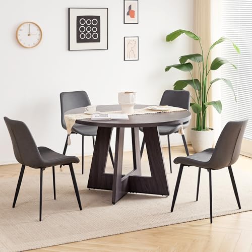 Image of 47 inch Round Dining Table Set for 4, Kitchen Table and Chairs | Wooden Cross Base, Synthetic Leather Chair, for Apartment