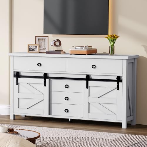 DWVO 54" Farmhouse Dresser for Room, Large Modern Chest of Drawers, Wood Rustic Dresser TV Stand with 5 Drawers & 2 Sliding Barn Doors for Living Dining Room, Entryway, Hallway, White