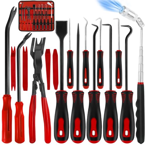 Hochferr 17 PCS Long Pick Set Hook and Pick Set Hose Pick O-Ring Pick with Metal Scraper Magnetic Telescoping Tool Car Trim Removal Tool Automotive Kit (Red-17PCS)