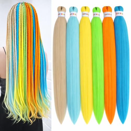 Multicolor Braiding Hair Pre Stretched Colored Hair Extensions for Braids Soft As Human Hair 26inch 6pcs Synthetic Rainbow Braiding Hair Pre Stretched