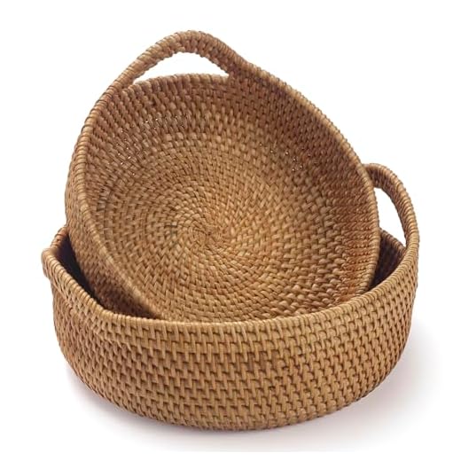 Rattan Storage Basket, Hand Woven Fruit Basket with Handles, Wicker Serving Basket, Bread Basket, Decorative Baskets for Organizing, Set of 2