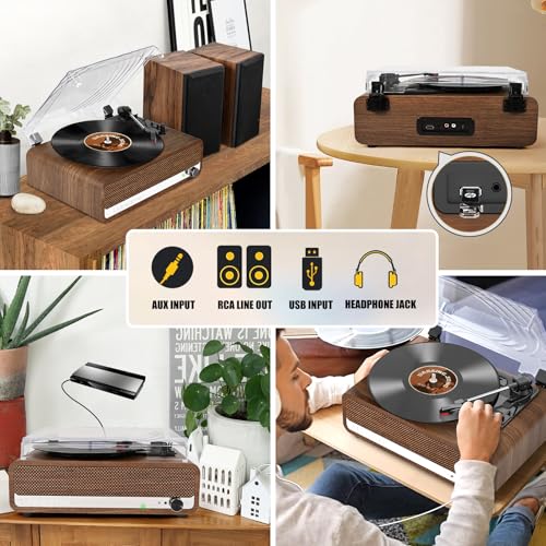 Image of Vinyl Record Player with Speakers,3 Speed Turntable with Bluetooth, Aux, Headphone Jack, RCA Output and Auto Stop,Mirror Vintage Wooden Walnut