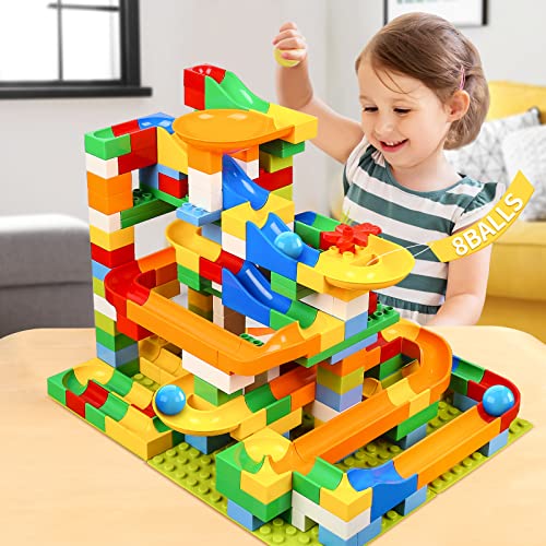 TEMI 248 Pieces Marble Run Deluxe Building Set for Kids, Marble Race Track for 3+ Year Old Boys and Girls, Marble Roller Coaster Building Block Construction Toys, Puzzle Maze Set with 8 Marbles Balls