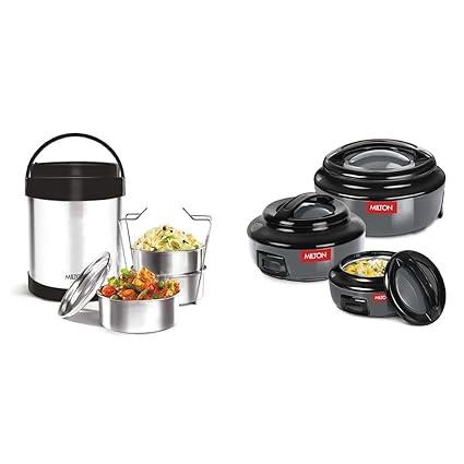 MILTON Royal 3 Insulated Steel Tiffin Box, 1.8 l,Steel Plain & Milton Ernesto Inner Jr. Casserole Set of 3 (420 ml, 850 ml, 1.43 litres), Grey | Easy to Carry | Serving | Stackable