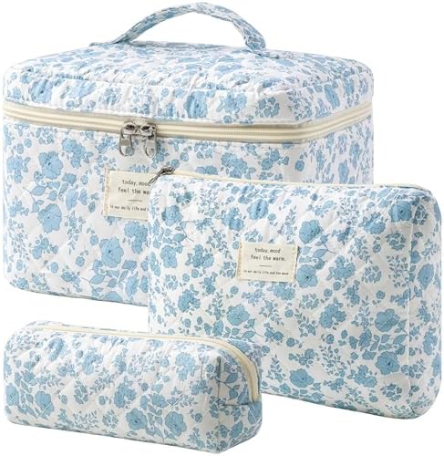 HBselect 3 PCS Quilted Makeup Bag, Cotton Large Travel Makeup Bag, Cute Floral Coquette Make up Bag Cosmetic Bag Toiletry Bag for Women Girls