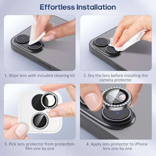 Image of for iPhone 17 Camera Lens Protector Bling, Individual Diamond Metal Ring with 9H Hardness, Scratch-Proof Camera Screen Protector, Stylish Accessories, Case Friendly (Black)