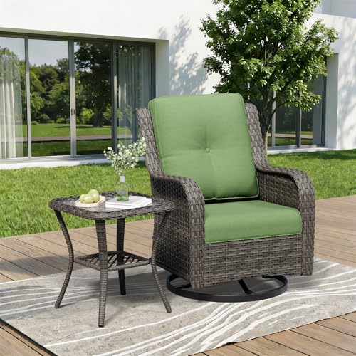 Image of 2 Pieces Outdoor Swivel Rocker Patio Chairs Set - Outdoor Wicker Patio Furniture Sets with 1 Side Table, Olefin Fabric Cushions Suitable for Backyard Deck and Porch, Green