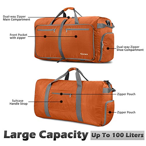 Gonex Gonex Leichter Faltbare Reise-Gepäck 100L, Farbe: Orange, Duffel Taschen Uebernachtung Taschen/Sporttasche für Reisen Sport Gym Urlaub