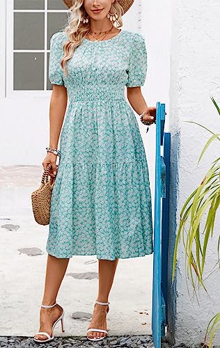 Image of Kormei Women Summer Casual Boho Floral Round Neck Short Sleeve Smocked Waist Tiered Flowy Swing Midi Dress