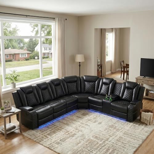 Image of Power Recliner Sectional Sofa, L-Shaped Living Room Furniture Set, Reclining Sectional Couch with Storage Console /Cup Holder for Living Room /House /Apt (Black-1, 5 Seater)