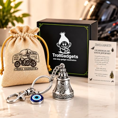 Image of TrollGadgets Premium Guardian Bell Keychain for Bike & Car | Tibetan Texture Bell Keychain with Evil Eye & Silver Hook | Good Luck Charm with Laser-Engraved Box And Potley