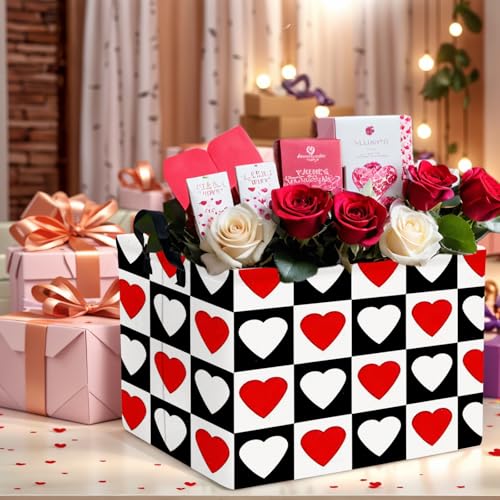 Image of Cute Large Valentine's Day Gift Basket Empty Heart Decor Storage Bin for Kid Baby Room Decor (Checkered Red and White)