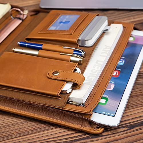 Professional Leather Business Padfolio Portfolio Case, 3 Ring Binder,Zippered Business Document Organizer Folder Tablet Pad Folio,With Letter Size Notepad (Brown Standard) #TOP4