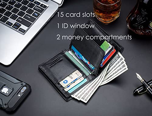 RFID Blocking Bifold Wallet For Men RFID Antimagnetic Genuine Leather 15 Card Slots Wallet Credit Card Holder4