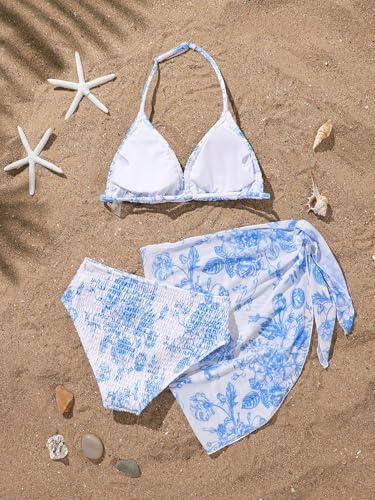 Image of SEGT Girl's 3 Piece Striped Bikini Swimwear Cute Swimsuits Bathing Suit High Waisted with Cover Up Beach Skirt