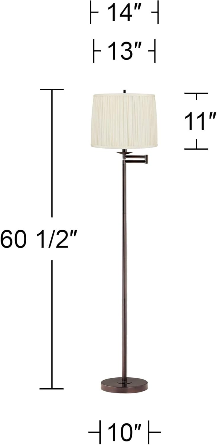 Regency Hill Gabrielle Modern 60 1/2" Tall Standing Floor Lamp Skinny Adjustable Swing Arm Pole Brown Metal Bronze Finish Living Room Bedroom House Reading Office Entryway White Silk Pleated Shade
