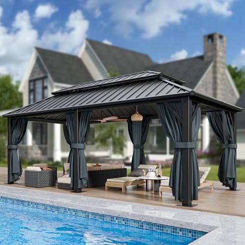 HOTEEL 12x20 Hardtop Gazebo on Clearance with Metal Roof Heavy Duty Galvanized Steel Patio Hard Top Gazebos Outdoor Permanent Screened in Gazebo with Curtains for All-Weather Backyarad Black(Pro)