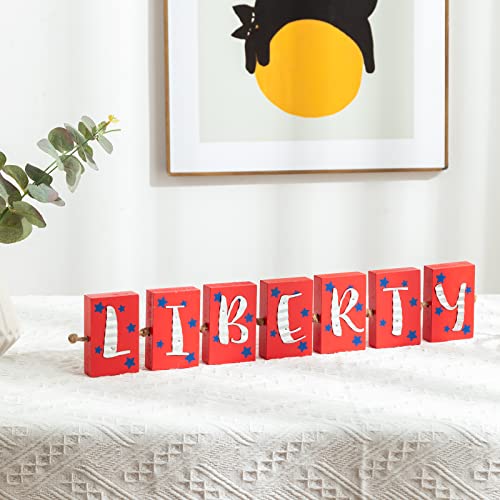 4. Juli Dekorationen, DEWBIN Bauernhaus, groß, patriotische Dekoration, 68 cm Freiheitsschnur, Holzblöcke, 4. Juli Heimdekoration für Couchtisch, Regale, Tablett, Gedenktagsdekorationen Cover