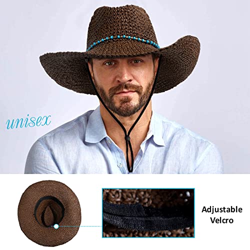 Women Straw Sun Hat Cowboy Crochet Wide Brim Knit Beach Hat For Men Upf 50+ Garding Summer Hat With Chin Strap Coffee #TOP5