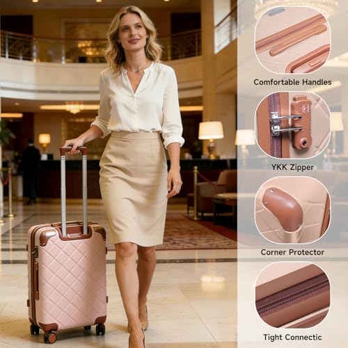 Image of Lightweight Carry on Luggage 22x14x9 Airline Approved Suitcases with Wheels YKK Zipper TSA Lock, 2 Piece Luggage Set for Weekend Getaways & Travel Business (14 /20 Pink)