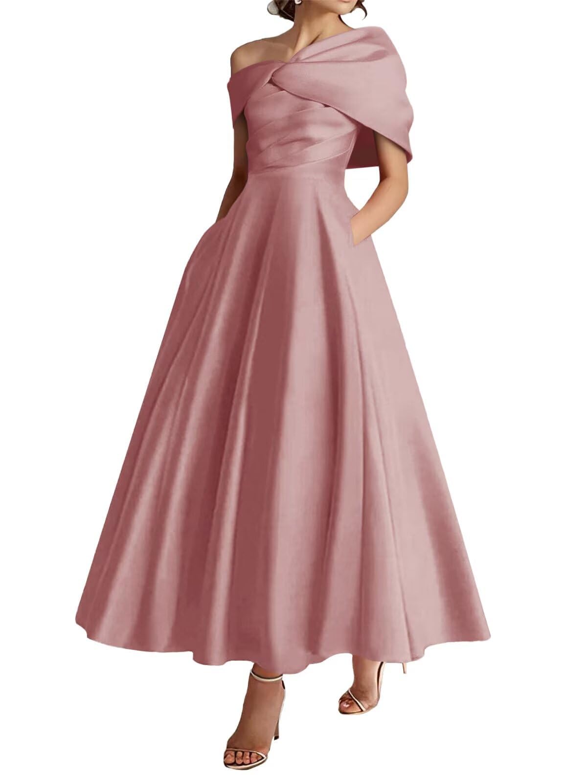 KIYNE Dusty Rose Satin Mother of the Bride Dresses for Women A Line V Neck Tea Length Mother of the Groom Dress Satin Prom Gown UK14