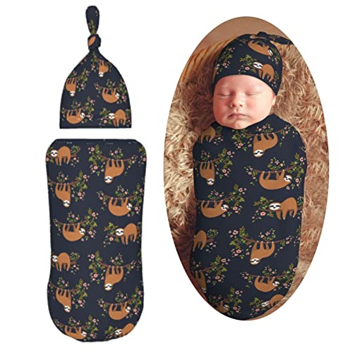 Image of Muishi Funny Cute Sloth On Tree Branch Newborn Swaddle Blankets Hat Sets Soft Baby Receiving Blanket Swaddle Sack for Baby Shower Infant Boy Girl Gift