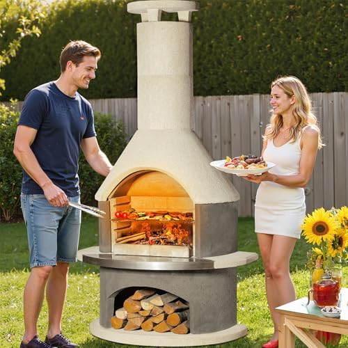Concrete Outdoor Fireplace with Grill, Wood Burning Fireplace with Wood Storage and Chimney, Include Grill Rack & Charcoal Pan, 81.9”H