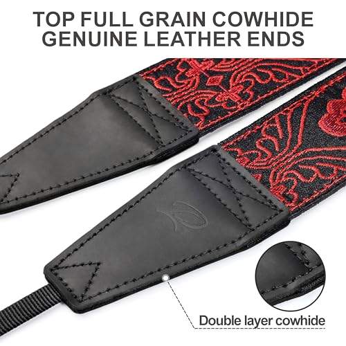 Image of Padwa Lifestyle Camera Strap - 2 inch Full Grain Leather Ends Camera Straps for Photographers, Vintage Red Embroidered Cotton Weave Soft Suede Fabric Padded Strap Quick Release fits All Cameras