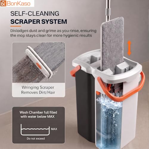 Image of BonKaso Twin Bucket Flat Mop Set, Hands-Free Microfiber Floor Cleaning Mop & Pocha with 100% Water Separation, Self-Cleaning Scraper, Reusable Pads for Floor, Wall & Window (Carbon Grey & Light Grey)