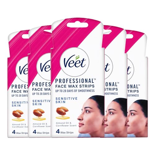 Image of Veet Face Wax Strips for Sensitive Skin (4 strips + 1 post finish wipe) (Pack of 5) | Painless, Quick & Gentle Facial Hair Removal | Ready to Use for Upper Lip, Eyebrows, Chin, Sidelocks