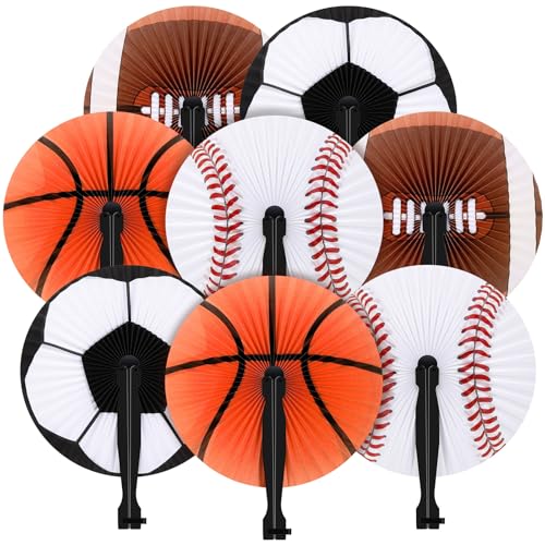 Taiyin 12 Pack Sports Ball Party Favors Football Baseball Basketball Soccer Round Paper Fans Decorative Folding Handheld Fans for Summer Wedding Birthday Baby Shower Travel Camping Gift DIY Craft