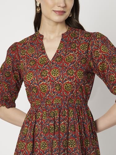 Image of Women's Floral Summer Maxi Dress I Cotton Printed I One Piece Bodycon Midi Dress with V-Neck, Puffed Sleeves