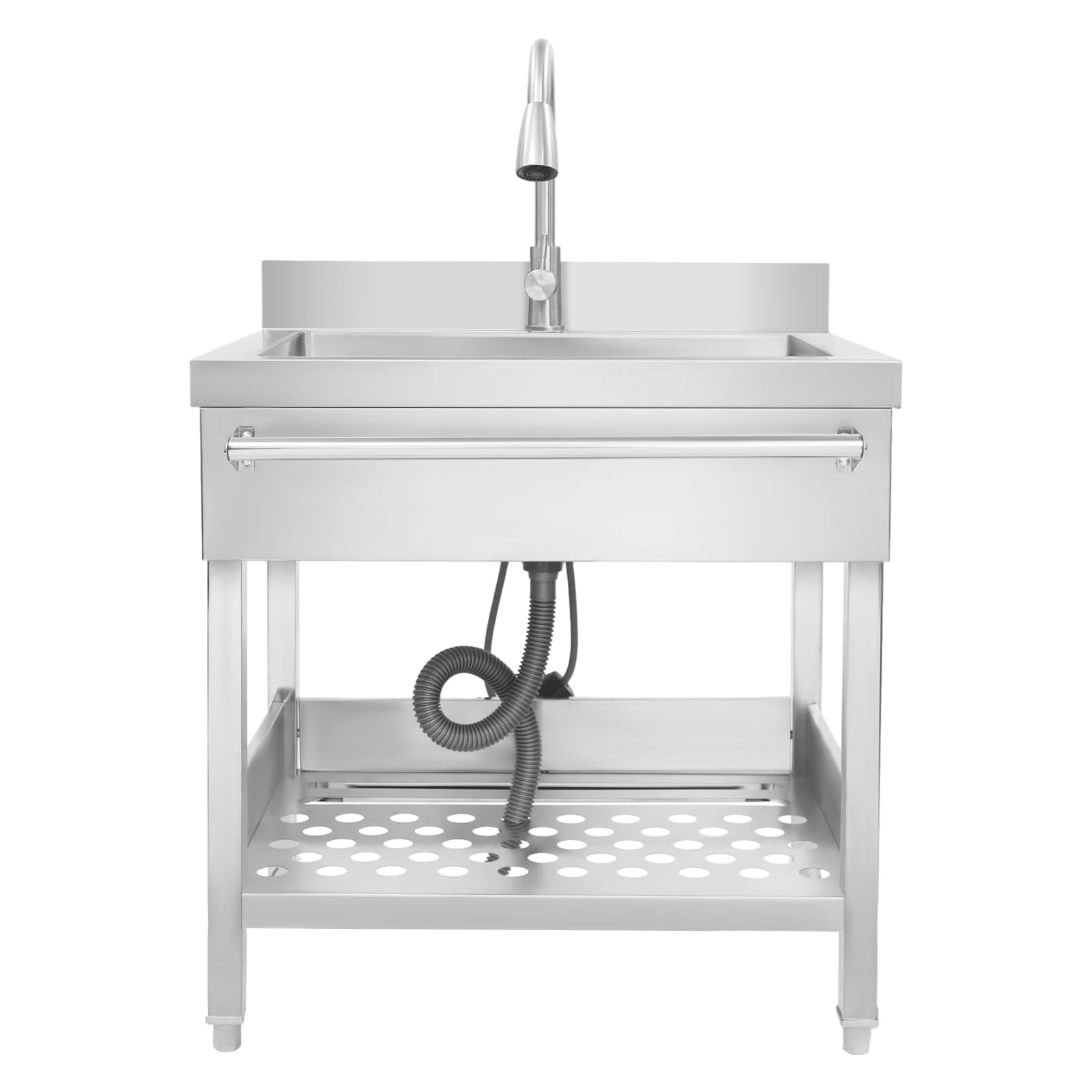 Lavello autoportante in acciaio inox con rubinetto estraibile, lavello da cucina mobile con rubinetto freddo e caldo, lavello singolo (76 x 56 x 90 cm), argento
