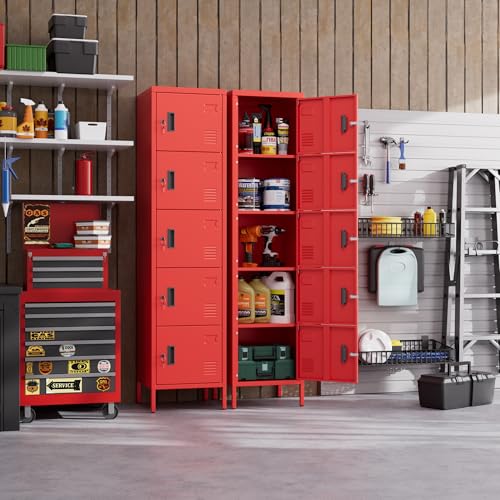 Image of Aobabo 16 inch W 5 Door Metal Storage Locker with Lock, 66 inch H Steel Locker with Name Card Holder and Metal Leg for School, Home, Office, Playroom, Assembly Required, Red