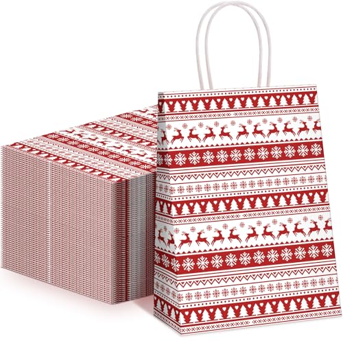 Cholemy 50 Pieces Christmas Gift Bags Snowflake Red and White Kraft Paper Bags with Handles for Winter Xmas Party Favor Goody, 5.91 x 3.15 x 8.27 Inches(Reindeer)