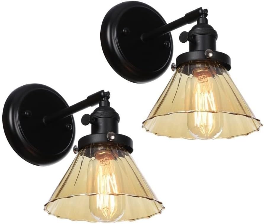 Black Wall Lamp Indoor with Amber Glass Shade, Single Head 1 Light Wall Mount Lighting Fixture, E27 Socket, Max 40W, for Restaurant Barn Hallway Bedroom