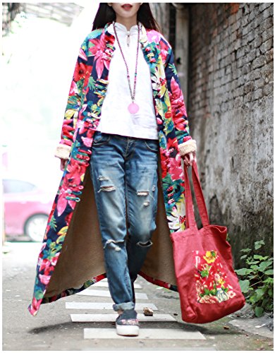 LZJN Women Floral Print Trench Coat Casual Long Jacket Fluff Inside3