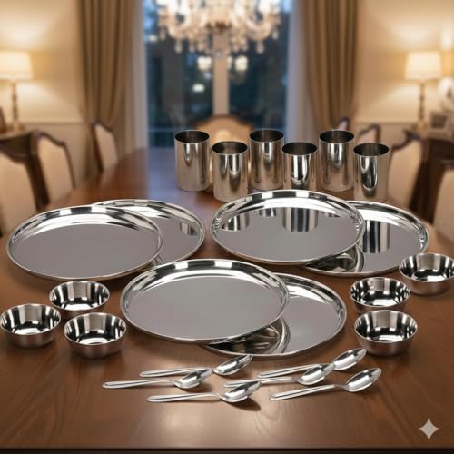 Image of Stainless Steel Solid Heavy Mirror Finish Dinner Set of 24 Pcs (6 Plate, 6 Bowl /Wati, 6 Glass, 6 Spoon), Silver Dinning Set Quality