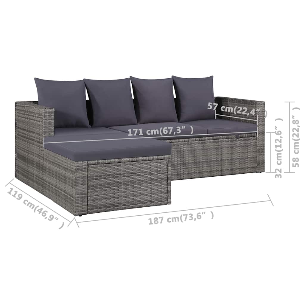 Fengshui Juego de 4 muebles de jardín con cojines de poliratán, color gris | Marco de acero con recubrimiento en polvo, ratán de polietileno resistente al agua, placa de cristal