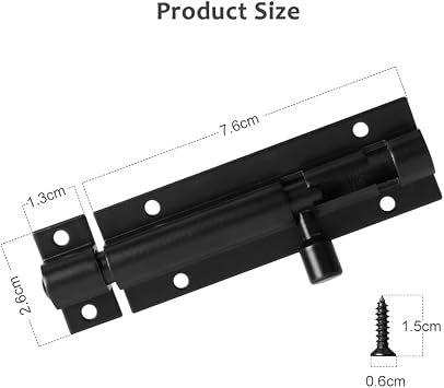 Door Lock Bolts Security Slide Latch Lock Strong Stainless Steel Matte for Bathroom, Toilet, Shed, Shower, Garden, Bedroom - Door Latch Slide Bolts Lock with Screws, 3 Inch (Black)