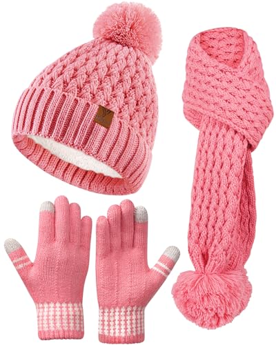 Kids Winter Hat Gloves Scarf Set Girls Boys Toddler Winter Hat Beanie Pom Knitted Scarves Mittens Fleece Lined Age 5-12